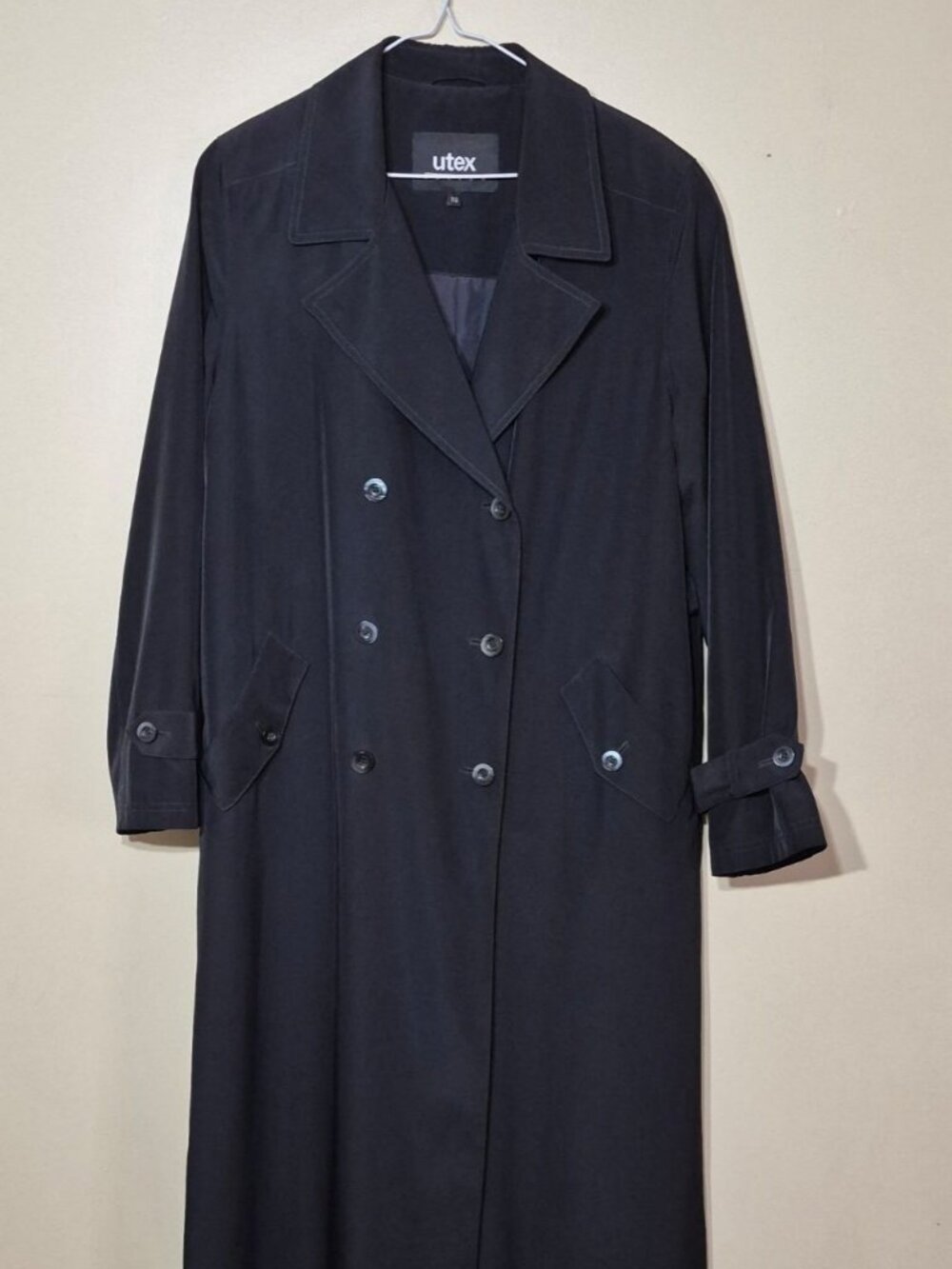 Vintage 90s UTEX Black Double Breasted Maxi Trench Coat Shoulder Pads Size 10